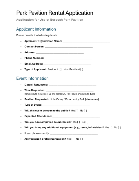 First page of the Park Pavilion Rental Application