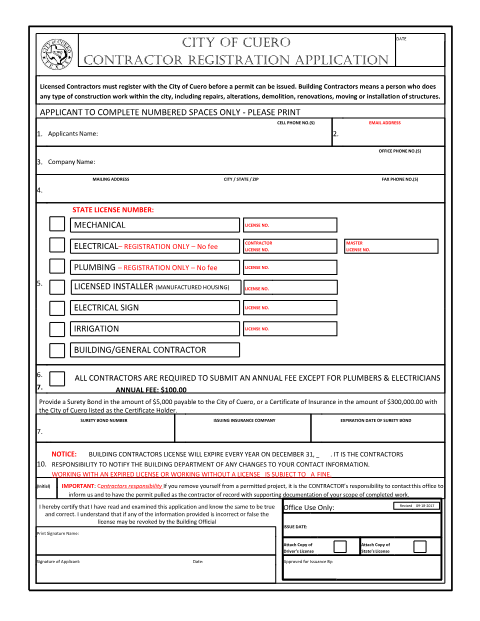 First page of the Contractor Registration Application
