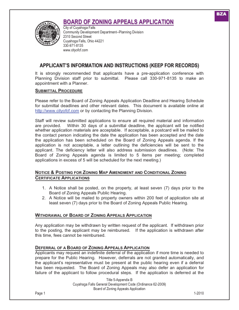 First page of the Board of Zoning Appeals Application