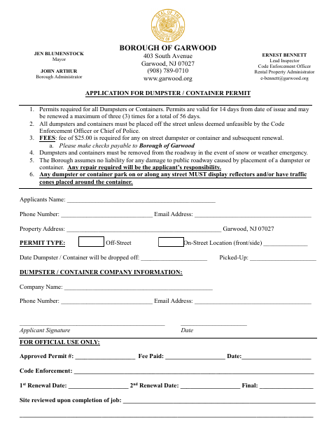 First page of the Dumpster / Container Permit Application