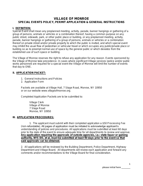 First page of the Special Events Permit Application