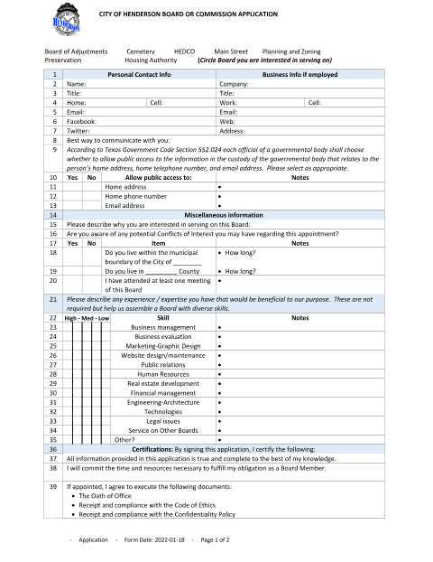 First page of the Board or Commission Application