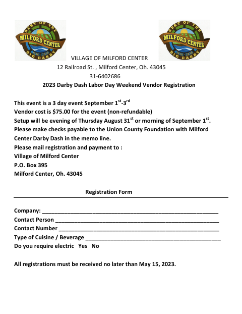 First page of the Darby Dash Labor Day Weekend Vendor Registration