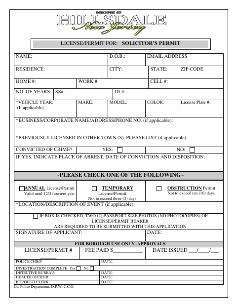 First page of the Solicitor Permit Application
