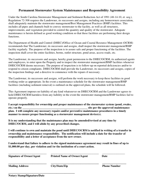 First page of the Permanent Stormwater System Maintenance and Responsibility Agreement