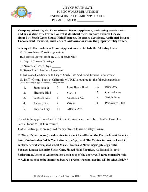 First page of the Encroachment Permit Application