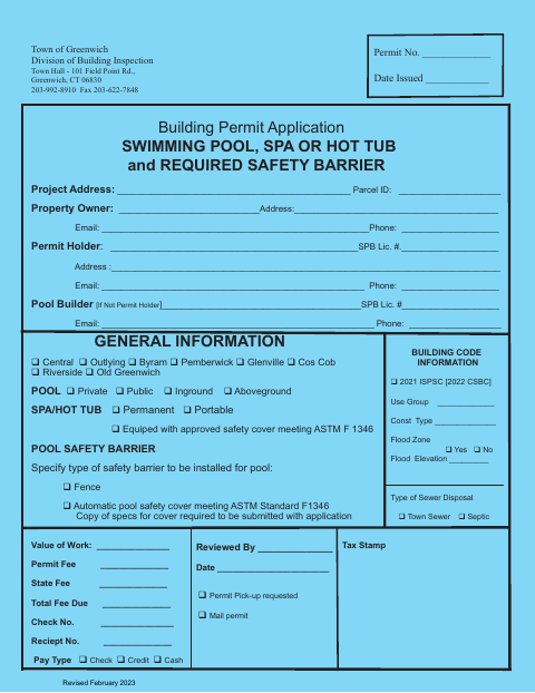 First page of the Swimming Pool, Spa or Hot Tub Application
