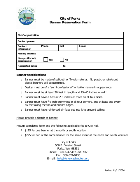 First page of the Banner Reservation Form