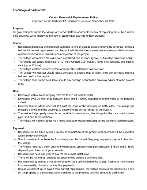 First page of the Culvert Removal & Replacement Approval Form