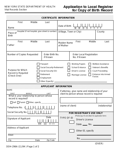 First page of the Application to Local Registrar for Copy of Birth Record