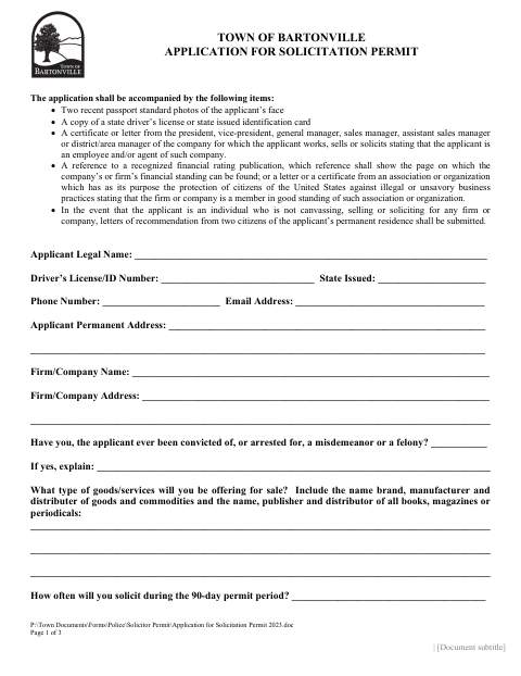 First page of the Application For Solicitation Permit