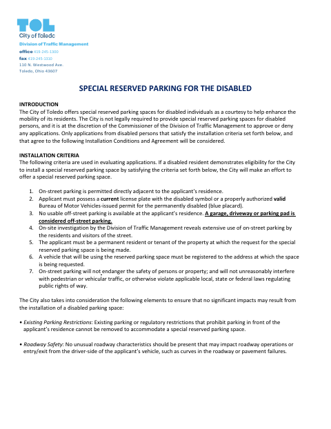 First page of the Special Reserved Parking for the Disabled Application