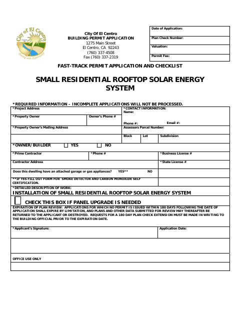 First page of the Fast-Track Permit Application and Checklist for Small Residential Rooftop Solar Energy Systems