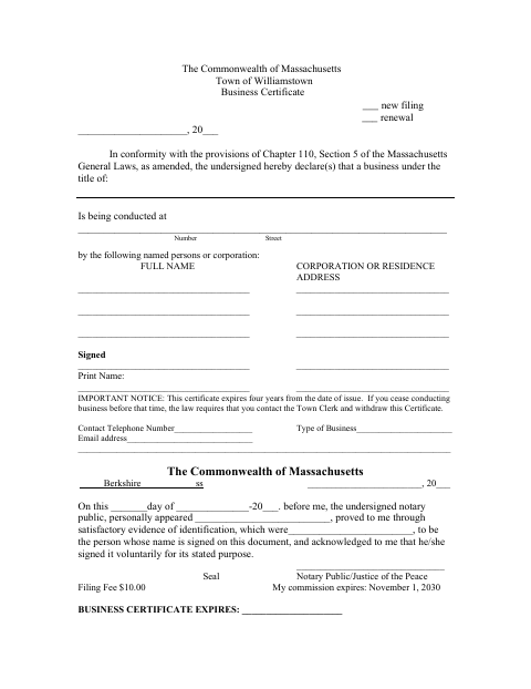 First page of the Business Certificate