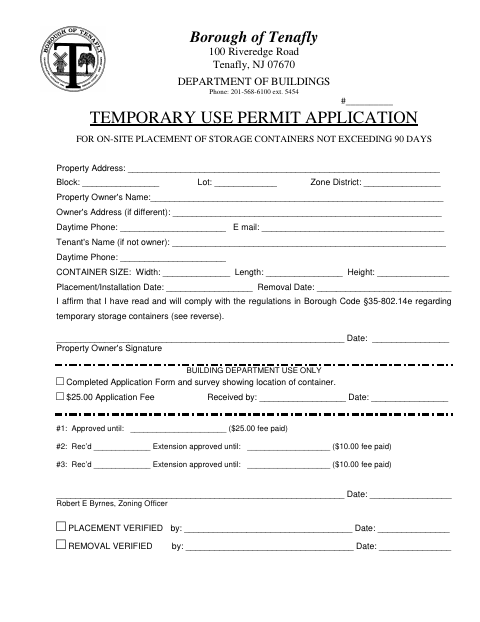First page of the Temporary Use Permit Application for On-Site Storage Containers