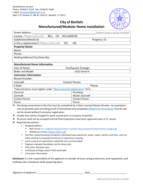 First page of the Manufactured/Modular Home Installation Packet