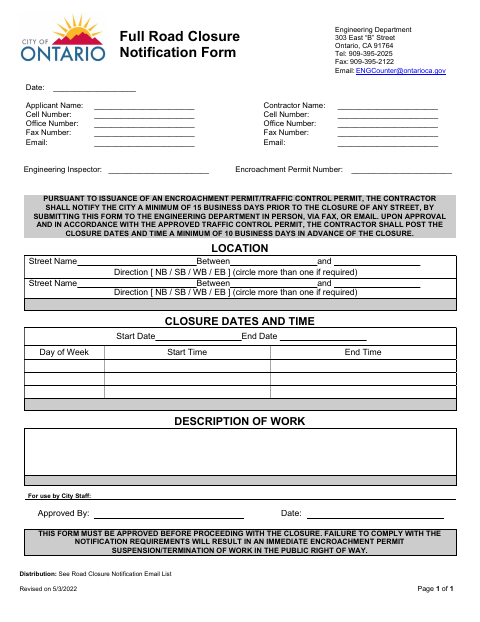 First page of the Full Road Closure Notification Form