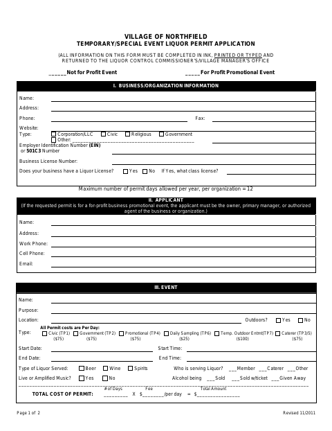 First page of the Temporary/Special Event Liquor Permit Application