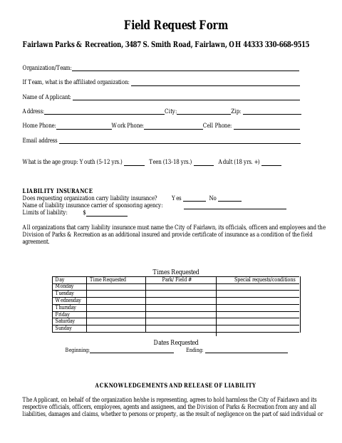 First page of the Field Request Form