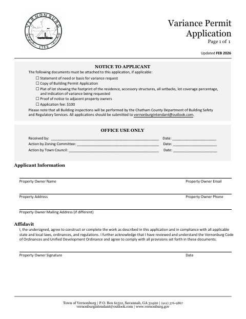 First page of the Variance Permit Application