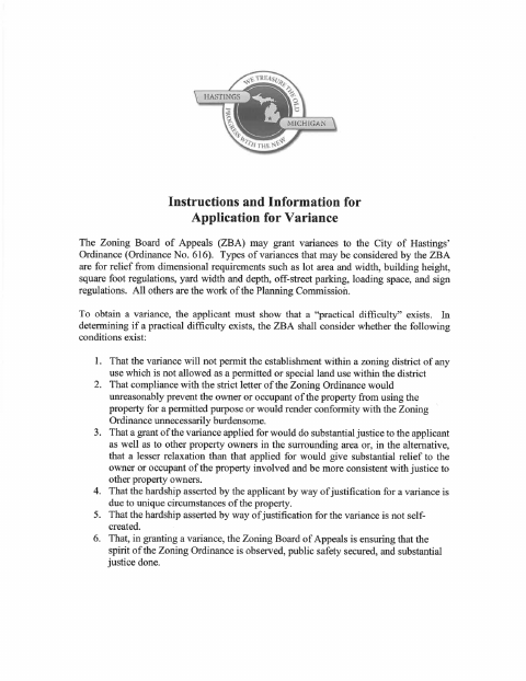 First page of the Zoning Board of Appeals Variance Application