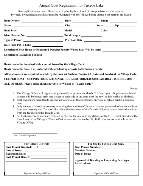 First page of the Annual Boat Registration for Tuxedo Lake