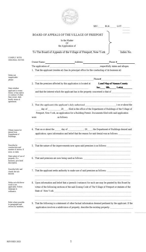 First page of the Board of Appeals Application