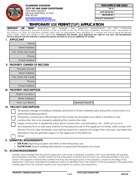 First page of the Temporary Use Permit Application