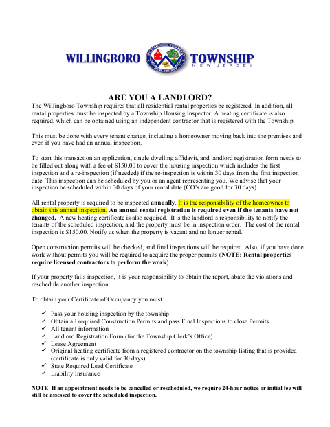 First page of the Rental Inspection Application