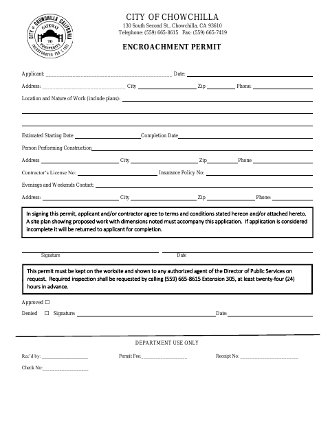 First page of the Encroachment Permit Application