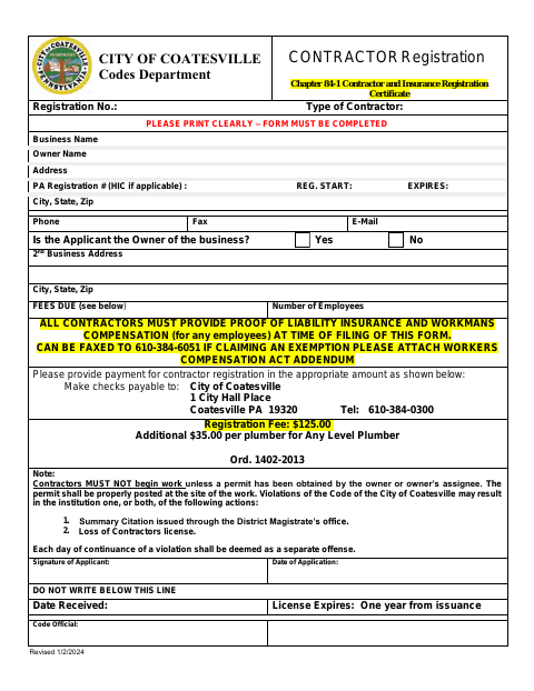 First page of the Contractor Registration Certificate