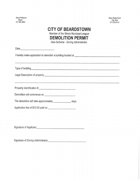 First page of the Demolition Permit Application