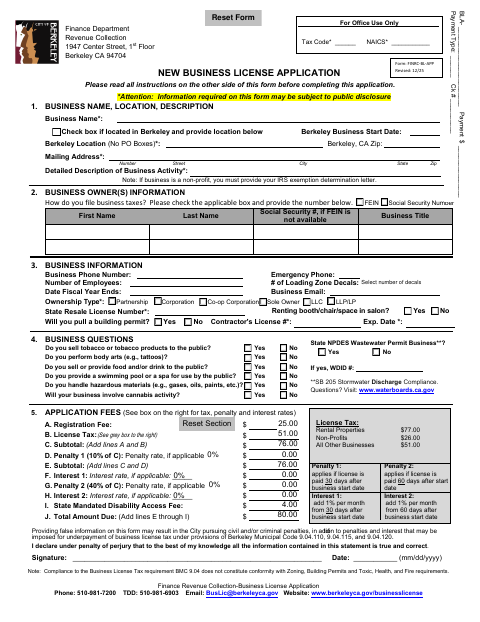 First page of the New Business License Application
