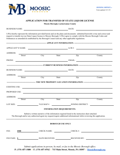 First page of the Application for Transfer of State Liquor License