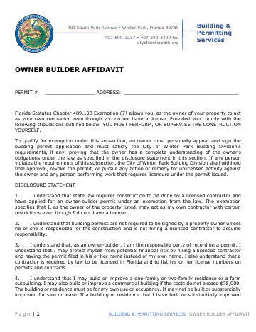 First page of the Owner Builder Affidavit