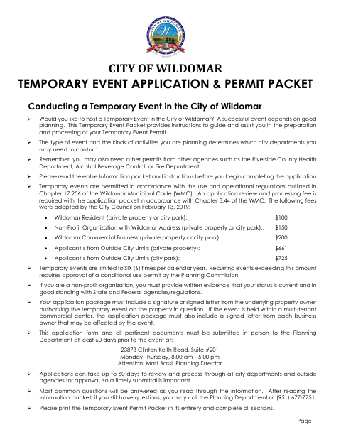 First page of the Temporary Event Application & Permit Packet