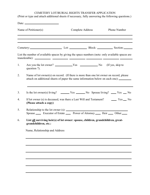 First page of the Cemetery Lot/Burial Rights Transfer Application