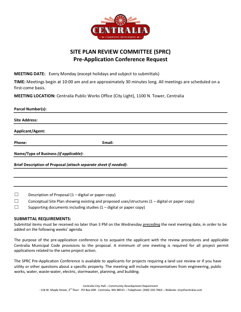 First page of the Site Plan Review Committee Pre-Application Conference Request