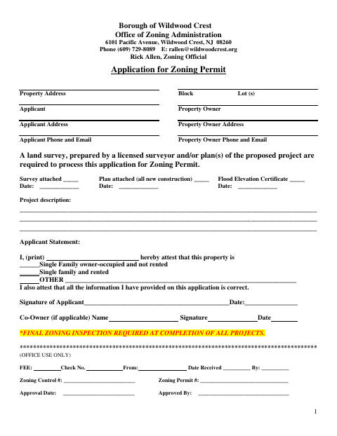 First page of the Application for Zoning Permit