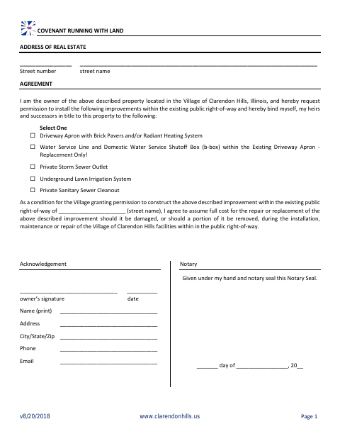 First page of the Covenant for Private Improvements Within the Right-of-Way