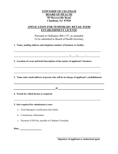 First page of the Application for Temporary Retail Food Establishment License