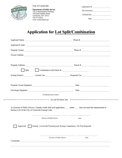 First page of the Lot Split or Combination Application