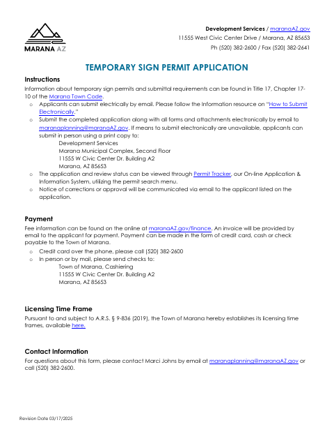 First page of the Temporary Sign Permit Application
