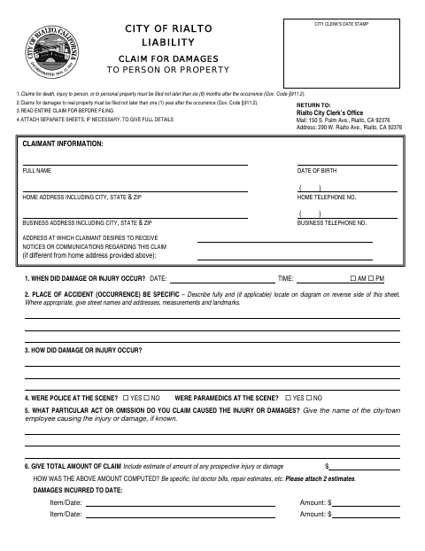 First page of the Liability Claim for Damages to Person or Property