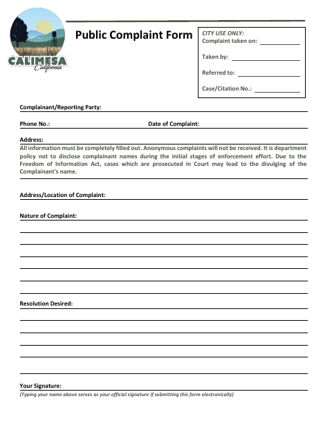 First page of the Public Complaint Form
