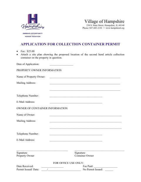 First page of the Application for Collection Container Permit