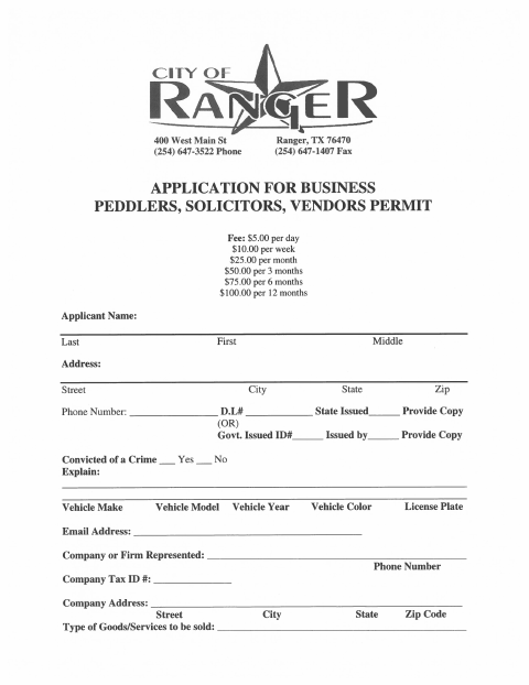 First page of the Application for Business Peddlers, Solicitors, Vendors Permit