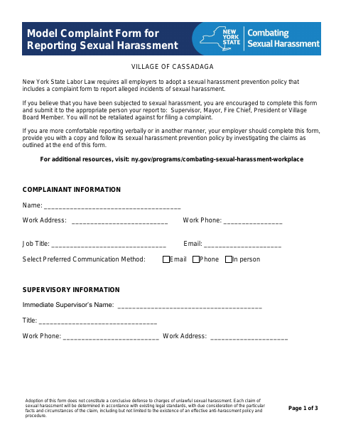 First page of the Model Complaint Form for Reporting Sexual Harassment