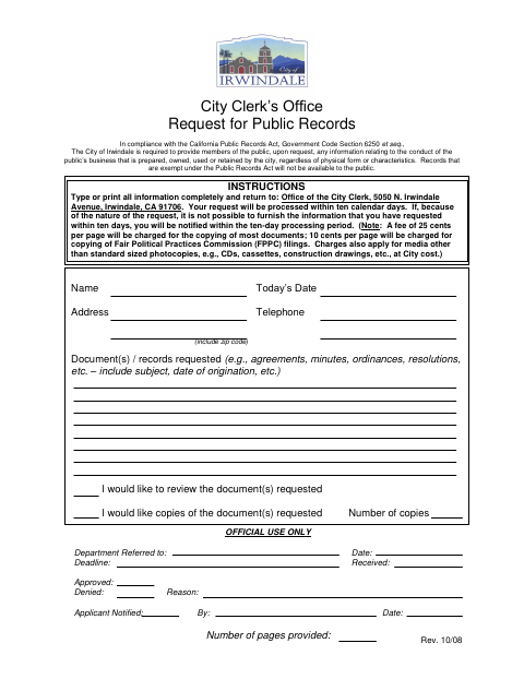 First page of the Request for Public Records