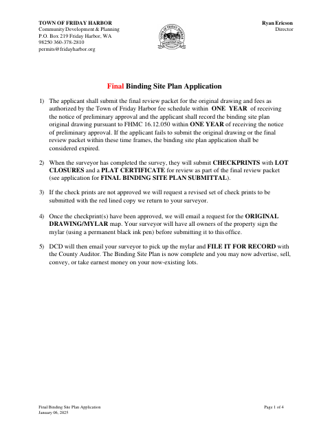 First page of the Final Binding Site Plan Application